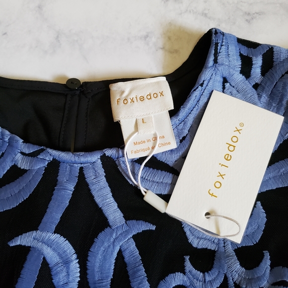 Foxiedox Rosabel Embroidered Midi Sheath Dress Blue Black Large NWT - Picture 8 of 11